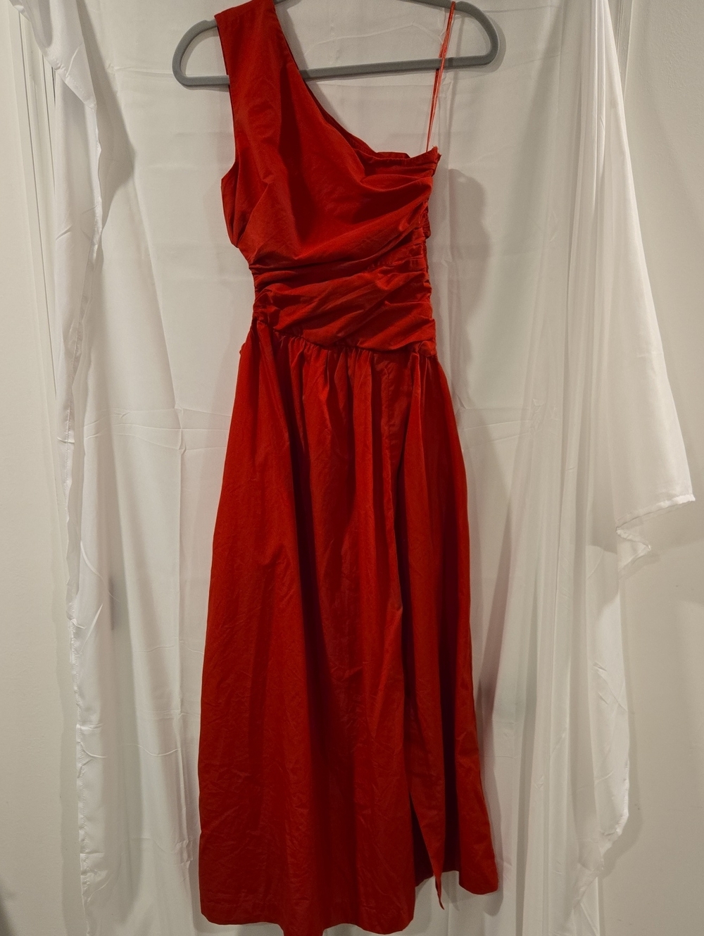 Abercrombie & Fitch Red One-Shoulder Poplin Maxi Dress